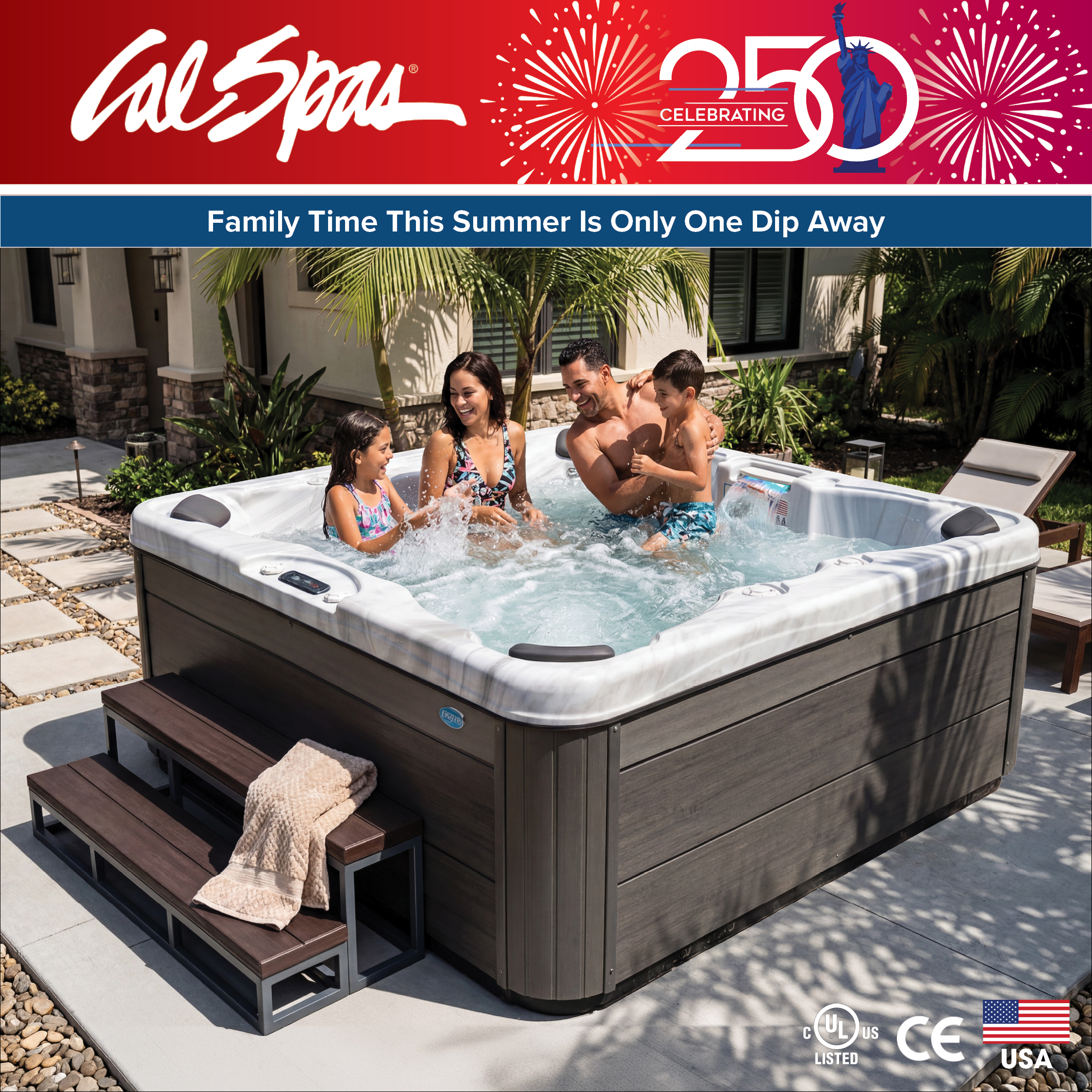 Calspas hot tub being used in a family setting - Orange